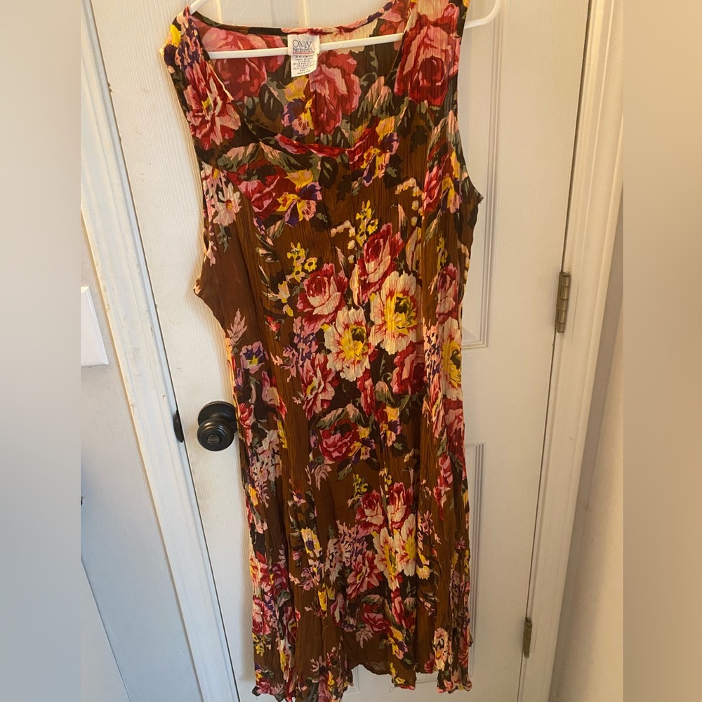 “Only Necessities” Sun Dress. Brown with Floral print, flown, crinkly, sheer